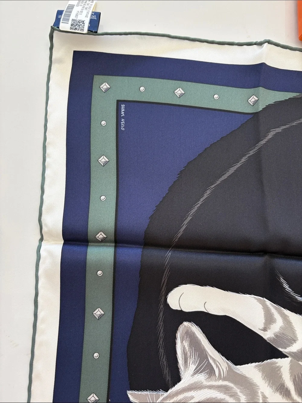 Hermes Navy Cat Print Silk Scarf with Green Border and Black, White Cats